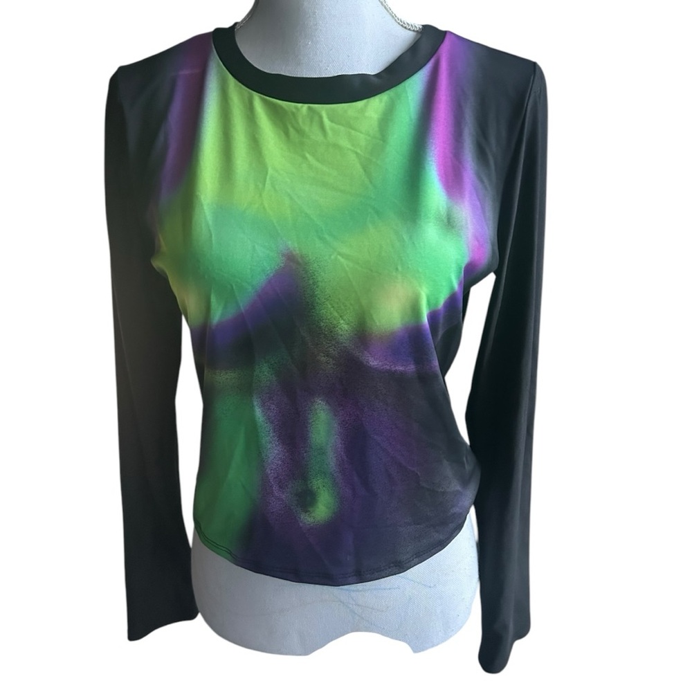 Fashion Nova Green and Purple Graphic Fitted Blouse